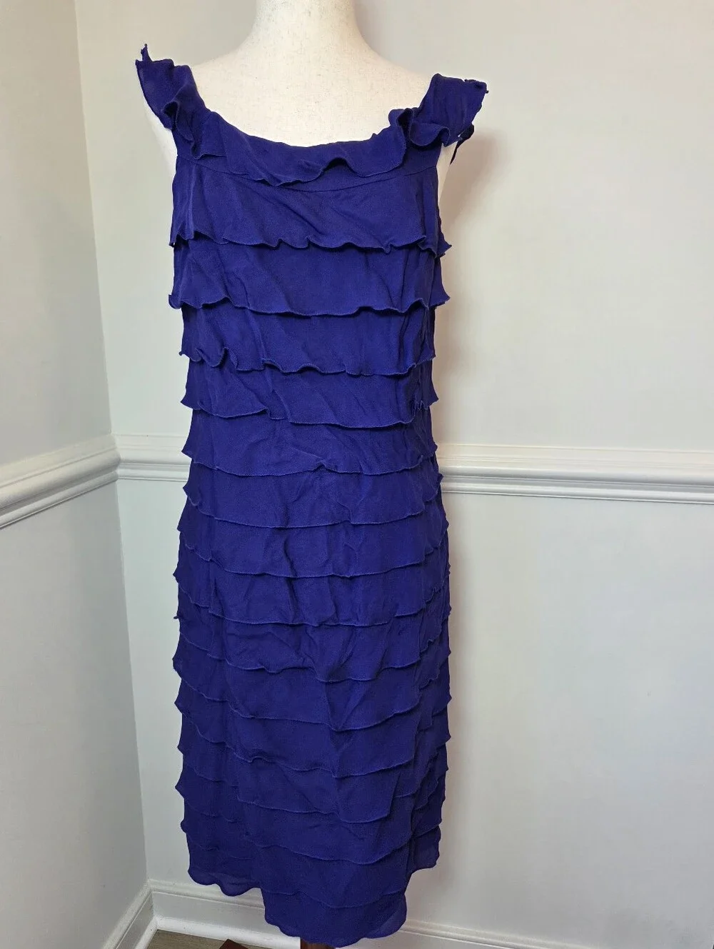 Suzi Chin Silk Dress Size 8 Blue Tiered Ruffle Cocktail Wedding Guest Y2K